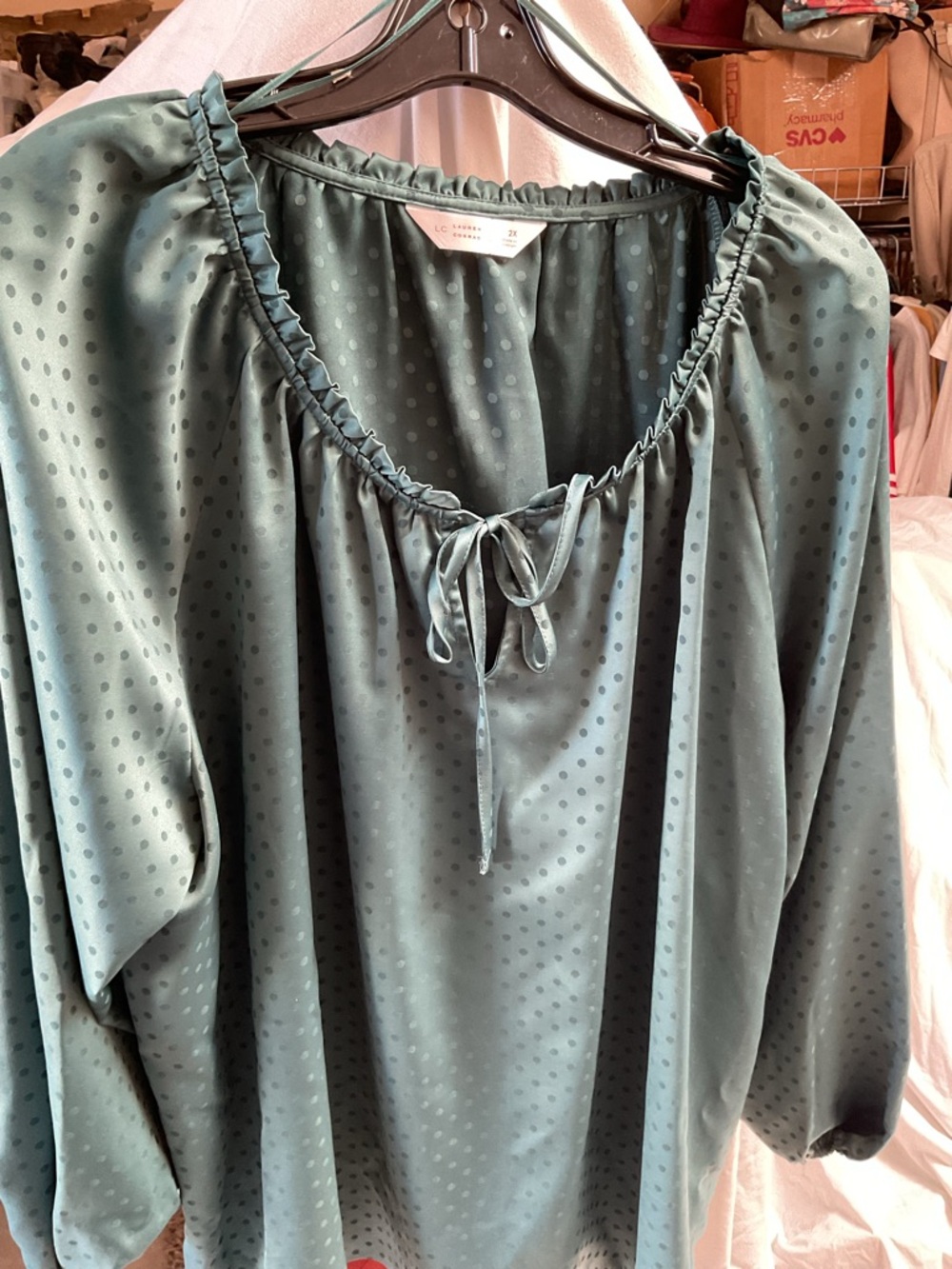 Laura Conrad Teal Polka Dot Peasant Blouse